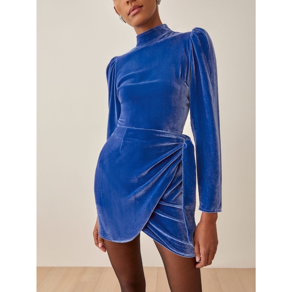 Reformation Burgundy Velvet Faux Wrap Silk Blend Dress in Caspian Blue Size 8